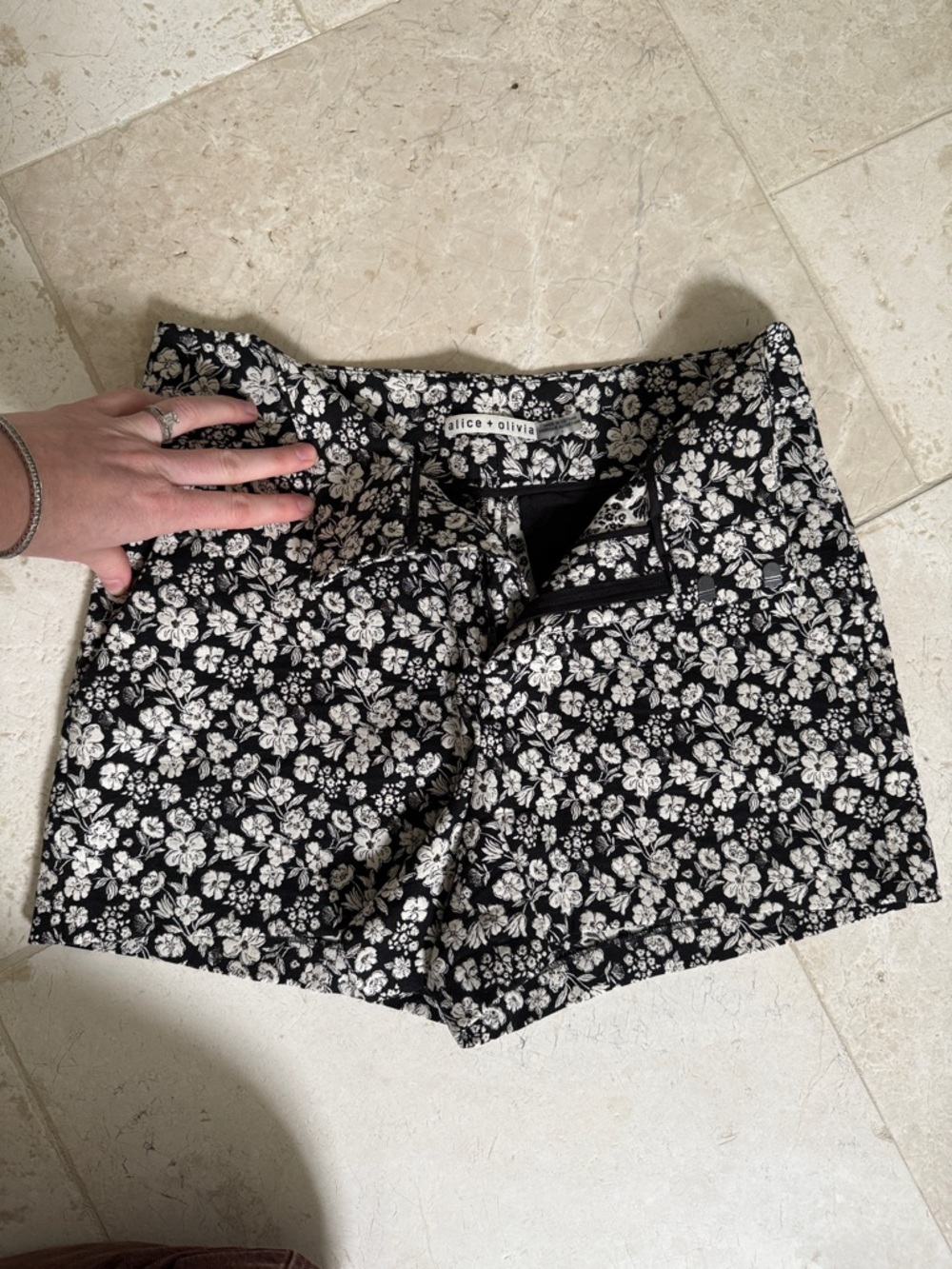 Alice + Olivia Black and White Floral High-Waist Shorts